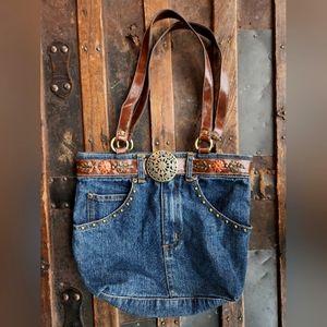 Belted Jean Denim Tote Bag Purse Handbag